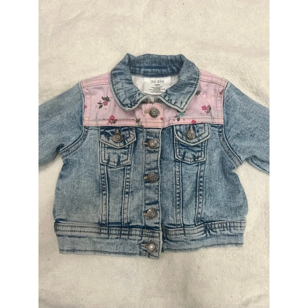 Okie Dokie Baby Girls Floral Detail‎ Denim Jean Jacket  Size 12M cotton